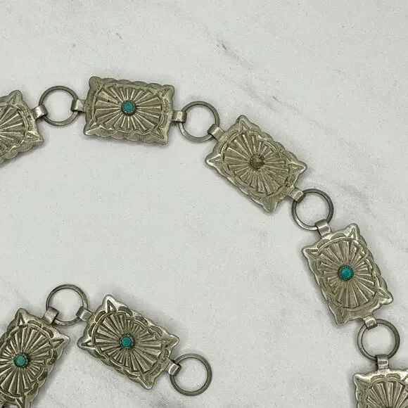 Vintage Faux Turquoise Stamped Concho Chain Belt Silver Tone XS/Small (XS/S) ✨ - Picture 11 of 14